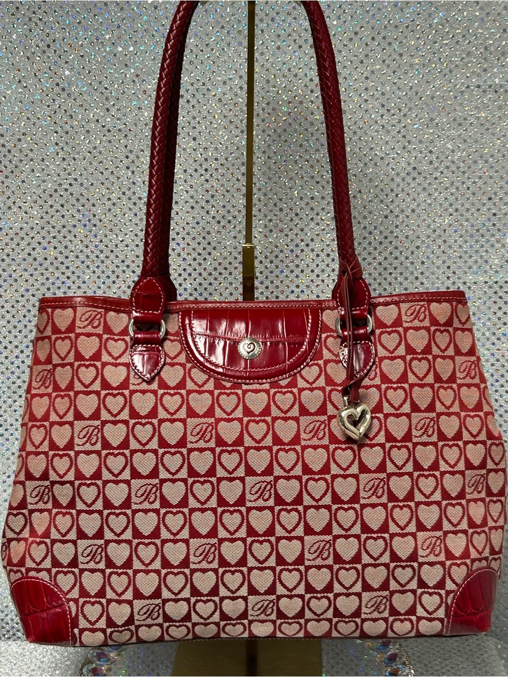 Brighton Red Heart Pattern Canvas and Leather Tote Bag Approx 15 x 9 x 4